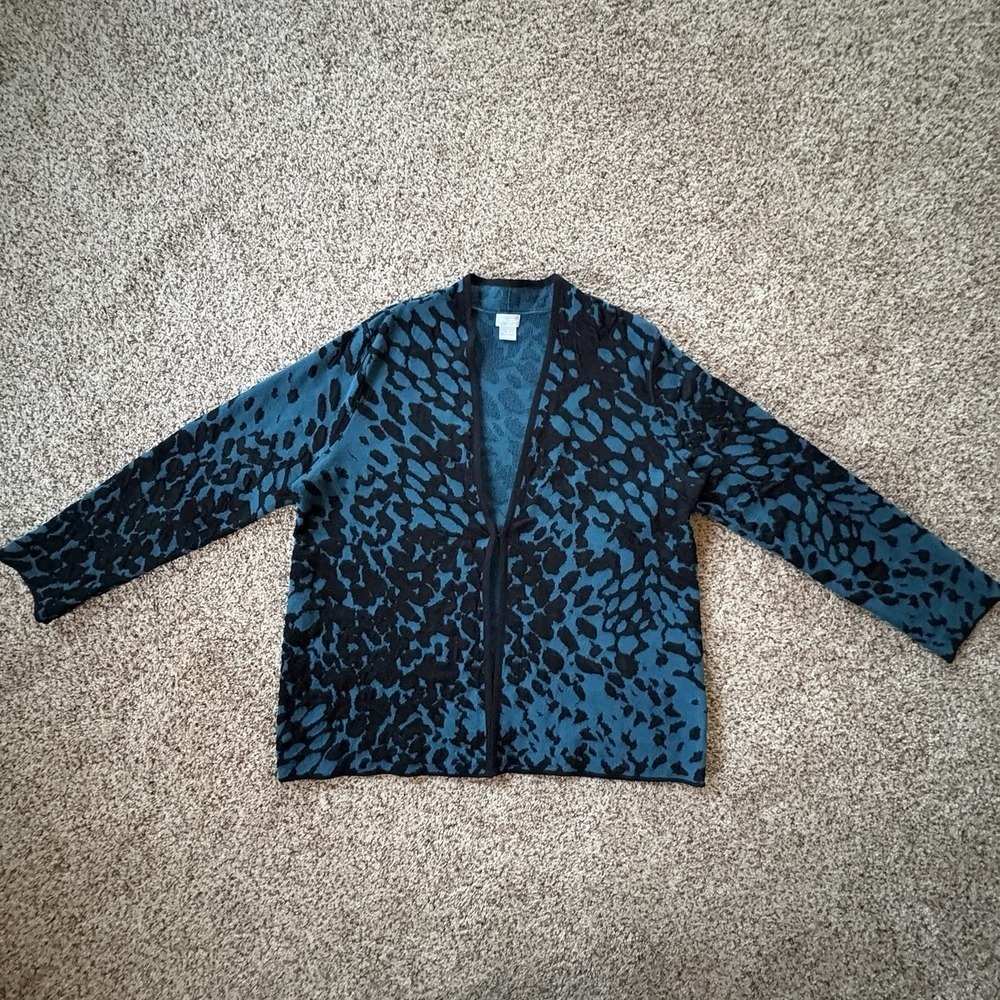 Chico's 2/Large Blister Knit Open Front Cardigan Teal Black Animal Print EUC